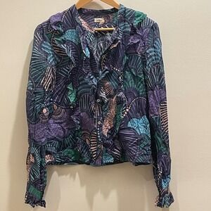 Warm Womens Ruffle Button Down Blouse Purple Abstract Botanical Cotton Size 2